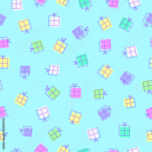 Seamless pattern of colourful gift boxes isolated on a pastel blue background