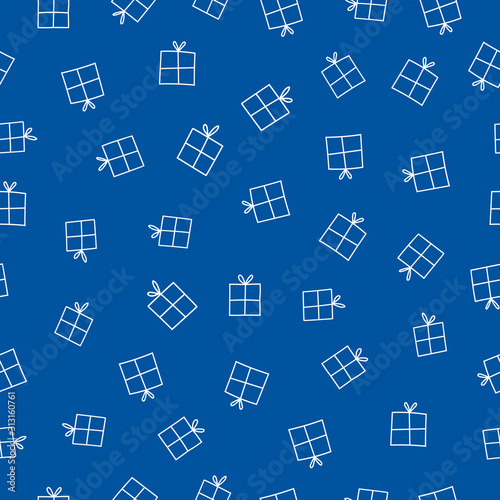 Seamless repeat pattern of white gift box outlines isolated on a blue background, in a hand drawn style