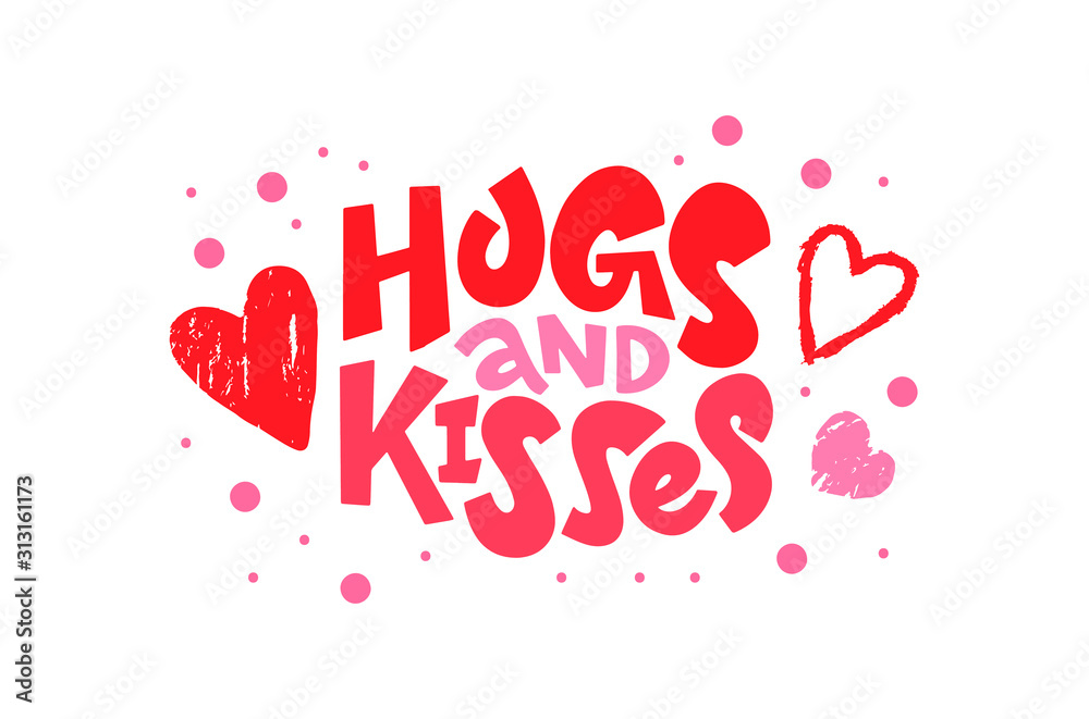Love text hugs and kisses isolated on background. Hand drawn lettering as logo, badge, icon, patch. Template for St. Valentine's Day, invitation, party, greeting card, web, hippie, lgbt community. Love text hugs and kisses isolated on background. Hand drawn lettering as logo, badge, icon, patch. Template for St. Valentine's Day, invitation, party, greeting card, web, hippie, lgbt community.