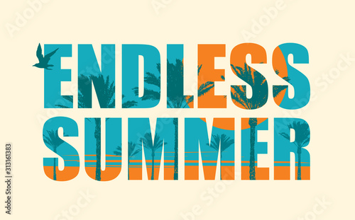 Vector lettering on the travel theme with tropical seascape. Endless summer. Suitable for poster  flyer  invitation  card  t-shirt design in retro style.