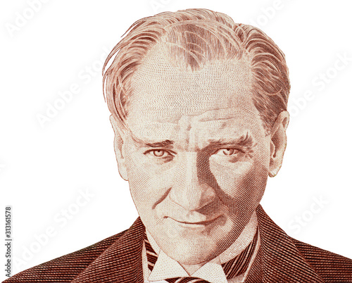 Mustafa Kemal Ataturk portrait on Turkish lira note isolated. photo