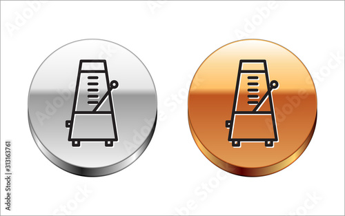 Black line Classic Metronome with pendulum in motion icon isolated on white background. Equipment of music and beat mechanism. Silver-gold circle button. Vector Illustration