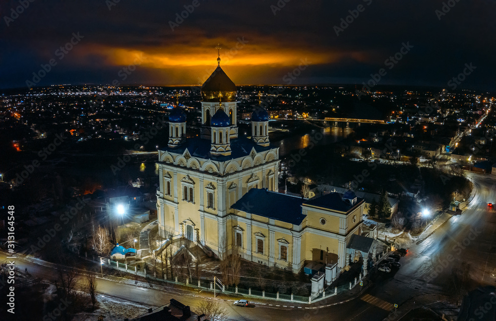 Ascension Cathedral at night, aerial view. Yelets, Lipetsk region, Russia