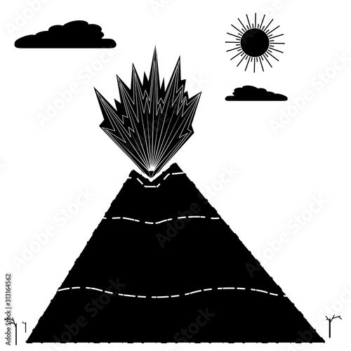 Silhouette of a volcanic eruption on a white background. Stock vector illustration flame emission and the magma of the crater.