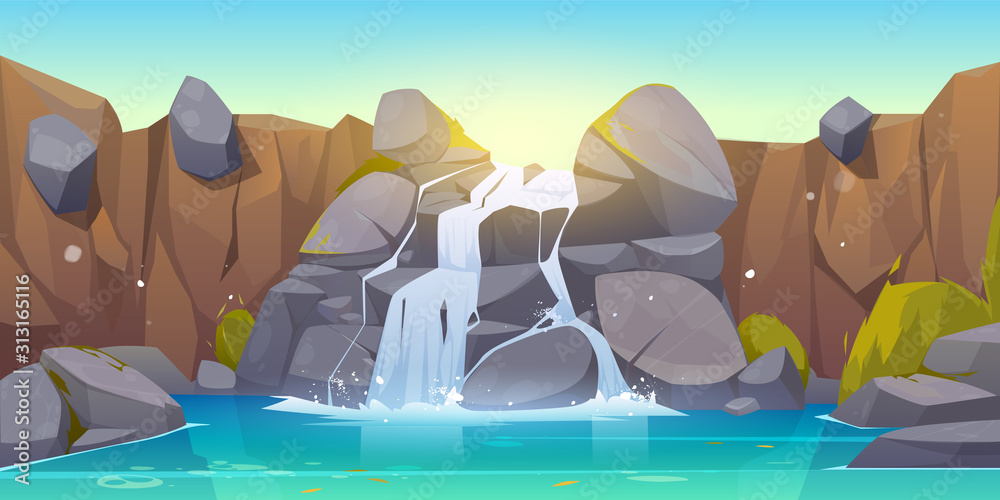 Fototapeta Waterfall cartoon illustration. River stream flowing throw rocks to mountain lake. Vector landscape of cascade falling water, stones and bushes in park, jungles or garden
