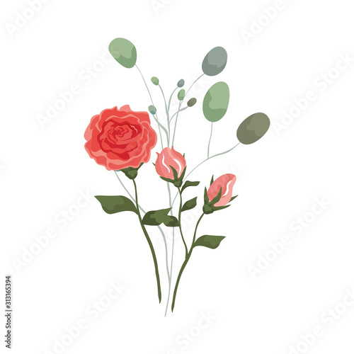 cute rose with branches and leafs isolated icon