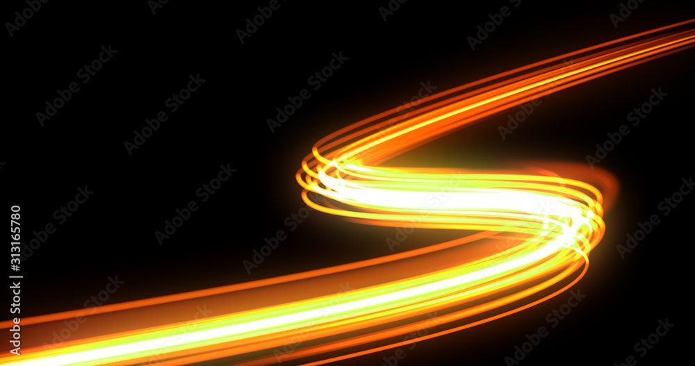 Bright light trail, orange neon glowing wave trace, energy flash and fire  effect. Magic glow swirl trace path, optical fiber technology and light in  speed motion on black background Stock Illustration