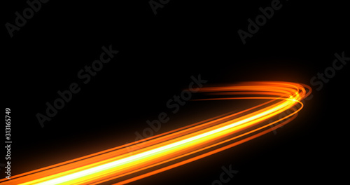 Light trail flash, neon yellow and orange golden glow path trace effect. Light trail wave, fire path trace line, car lights, optic fiber and incandescence curve twirl photo