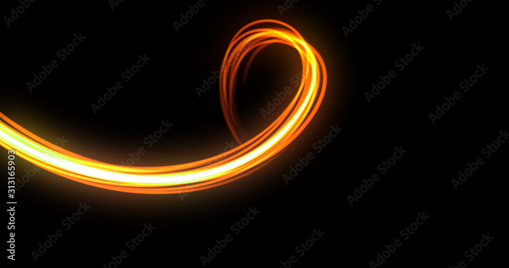 Light trail, orange neon glowing wave swirl, energy flash spiral spin trace line effect. Magic glow swirl trace path, optical fiber and bright light in speed motion on black background Light trail, orange neon glowing wave swirl, energy flash spiral spin trace line effect. Magic glow swirl trace path, optical fiber and bright light in speed motion on black background