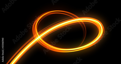 Light trail spiral, orange neon glowing wave swirl, energy flash spin trace effect. Abstract magic glow spiral line swirl trace, optical fiber and bright light path in speed motion on black background