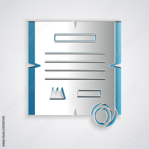 Paper cut Decree, paper, parchment, scroll icon icon isolated on grey background. Paper art style. Vector Illustration