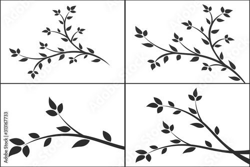 Set of silhouette of a branch with leaves. Young tree. 