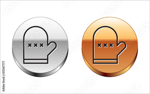 Black line Oven glove icon isolated on white background. Kitchen potholder sign. Cooking glove. Silver-gold circle button. Vector Illustration