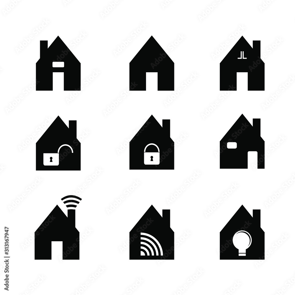 Black flat design for home icon. There are nine different design that can be use for anything. Basic and simple with only one color. This can be use for an advertising too. Black flat design for home icon. There are nine different design that can be use for anything. Basic and simple with only one color. This can be use for an advertising too.