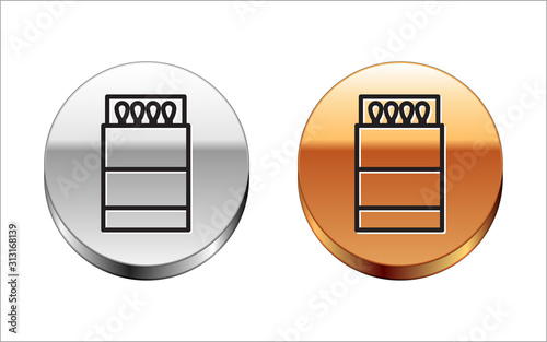 Black line Open matchbox and matches icon isolated on white background. Silver-gold circle button. Vector Illustration