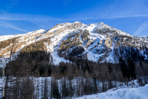 alpine panorama, snowy mountains with blue sky