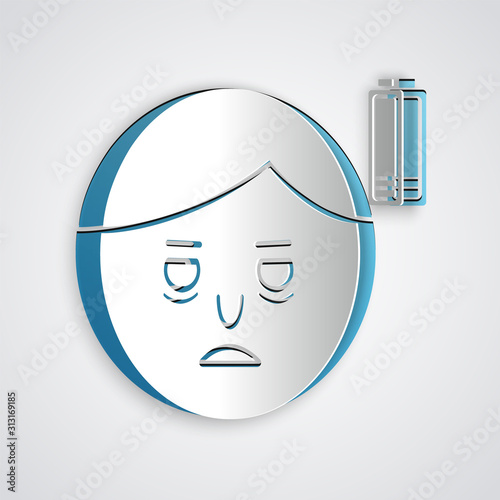 Paper cut Fatigue icon isolated on grey background. No energy. Stress symptom. Negative space. Paper art style. Vector Illustration