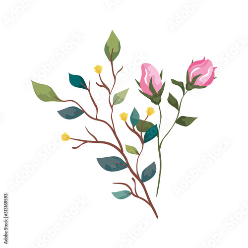 cute flowers with branches and leafs isolated icon