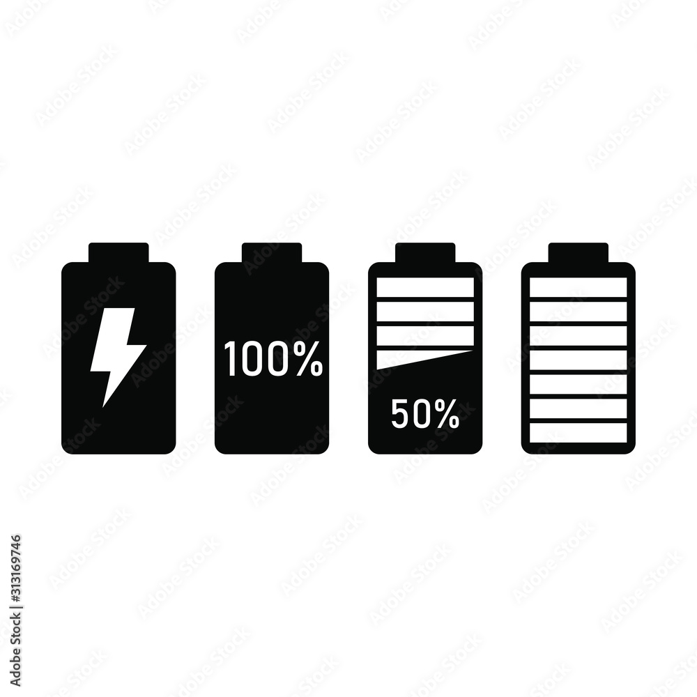 Simple battery icon with flat and minimalist design. Battery charge, full,  half, empty or critical battery with portrait orientation. Black battery  symbol, basic element graphic resources. Stock Vector | Adobe Stock