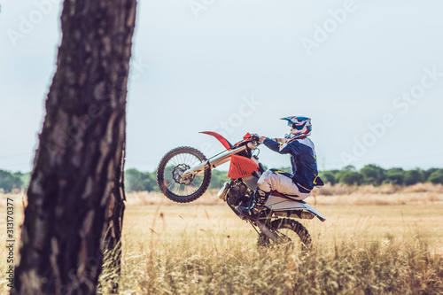 Motocross driver performing wheelie photo