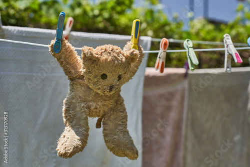 Teddy bear hanging on a clothesline