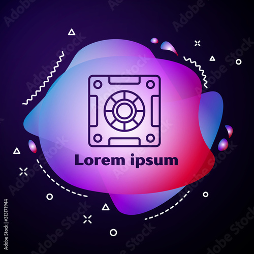 Purple line Safe icon isolated on blue background. The door safe a bank vault with a combination lock. Reliable Data Protection. Abstract banner with liquid shapes. Vector Illustration