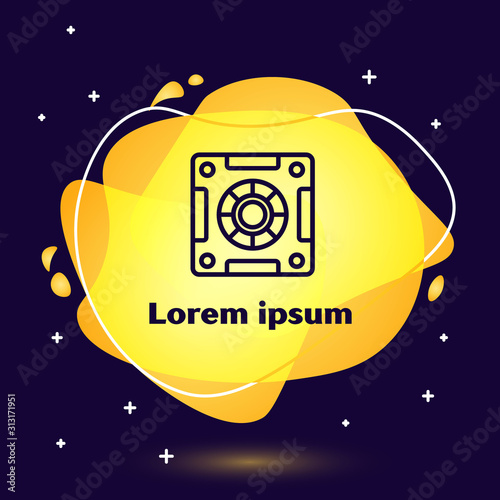 Black line Safe icon isolated on blue background. The door safe a bank vault with a combination lock. Reliable Data Protection. Abstract banner with liquid shapes. Vector Illustration