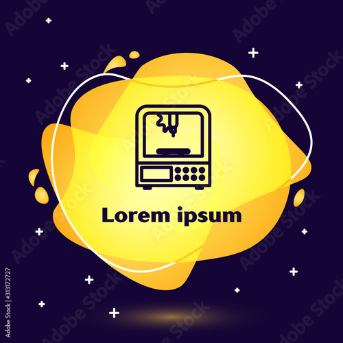 Black line 3D printer icon isolated on blue background. Abstract banner with liquid shapes. Vector Illustration
