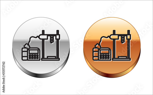 Black line 3D printer icon isolated on white background. Silver-gold circle button. Vector Illustration