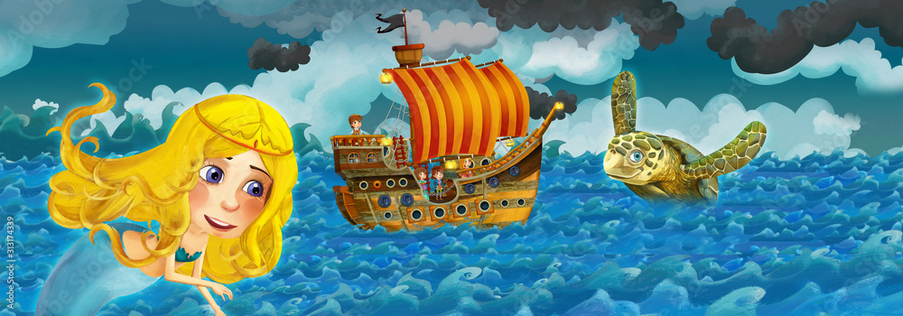 Naklejka premium Cartoon scene with old ship sailing during storm with mermaid watching - illustration for the children
