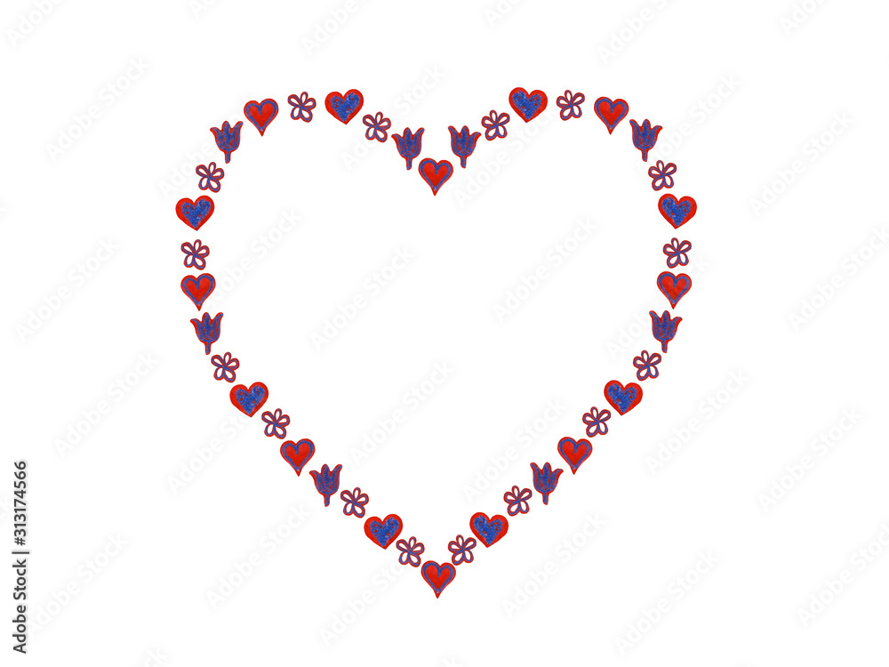 Frame of many small hearts, flowers, tulips. Red with blue hearts and flowers arranged in the heart shape. Template for invitations, posters, cards, textiles, paper, for weddings, for Valentines Day
