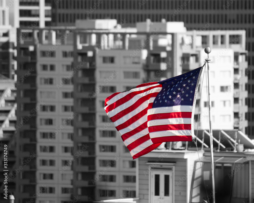 american flag in front of building