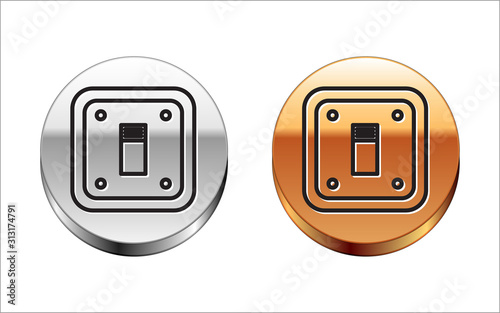 Black line Electric light switch icon isolated on white background. On and Off icon. Dimmer light switch sign. Concept of energy saving. Silver-gold circle button. Vector Illustration