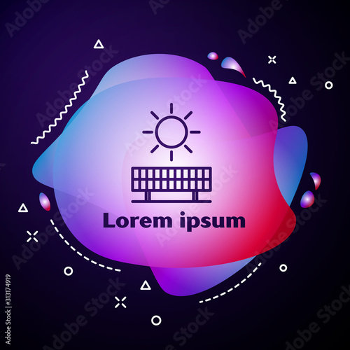 Purple line Solar energy panel and sun icon isolated on blue background. Abstract banner with liquid shapes. Vector Illustration