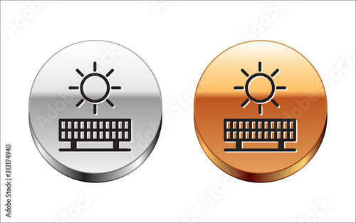 Black line Solar energy panel and sun icon isolated on white background. Silver-gold circle button. Vector Illustration