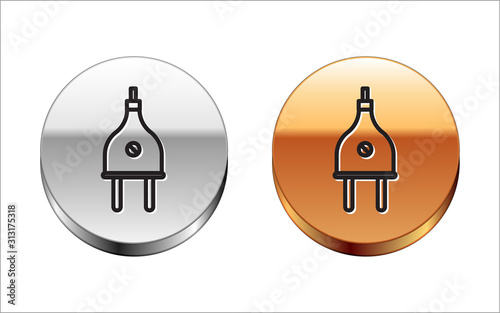 Black line Electric plug icon isolated on white background. Concept of connection and disconnection of the electricity. Silver-gold circle button. Vector Illustration