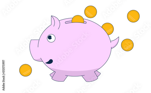 Piggy bank and coins. Happy money saving. Vector illustration with white background.