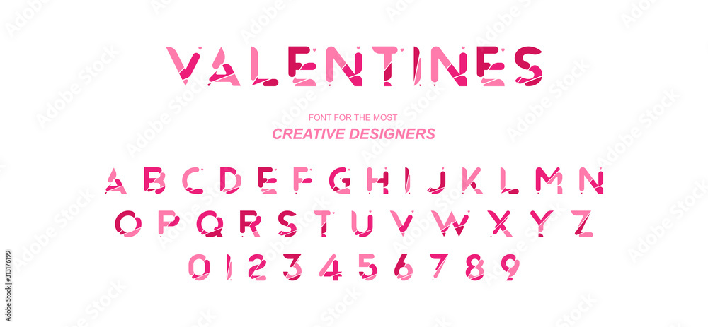 The original alphabet for Valentine's Day. Vector set of pink fonts and numbers with hearts for love greetings and creative design template. Flat illustration EPS10