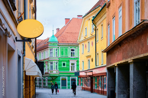 Cityscape of Celje old town in Preshernova Street in Slovenia. Architecture in Slovenija. Travel