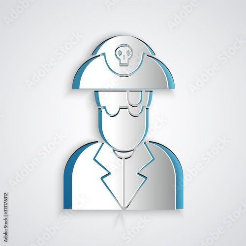 Paper cut Pirate captain icon isolated on grey background. Paper art style. Vector Illustration