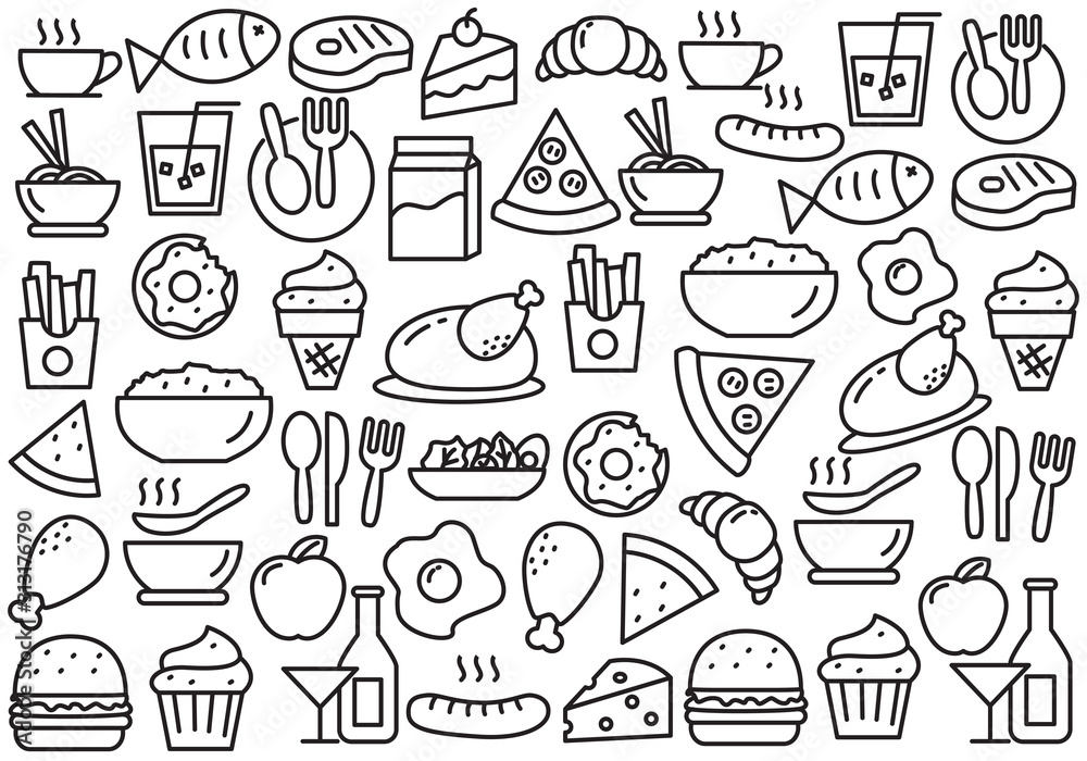 Set of food doodle vector illustration. Food doodle background