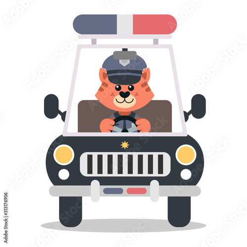 Police cat officer driving his car. Cartoon style. Vector illustration. Flat design style.