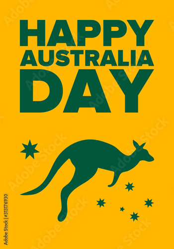 Australia Day. National happy holiday  celebrated annual in January 26. Australian patriotic elements.  Kangaroo silhouette. Poster  card  banner and background. Vector illustration