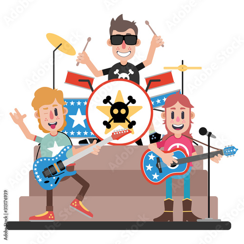 Rock and pop musicians band concert with guitar and drum set. Cartoon style. Vector illustration. Flat design style.