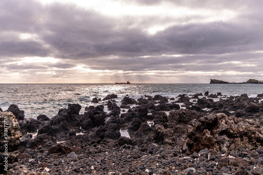 Beautiful view over the Volcanic Rocks with the Atlantic Ocean in the Background, São Roque, Ponta Delgada, São Miguel Island, Azores Beautiful view over the Volcanic Rocks with the Atlantic Ocean in the Background, São Roque, Ponta Delgada, São Miguel Island, Azores