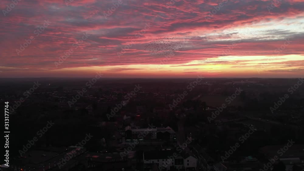 Intense sunset colors in the sky seen from drone birds groups Intense sunset colors in the sky seen from drone birds groups