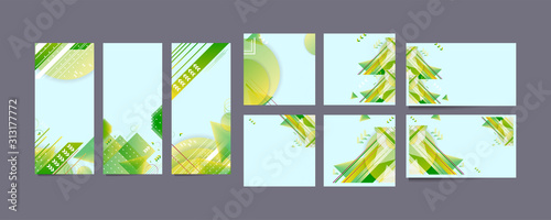 Set cards green and yellow lines and points white background. Banner summer ecology light minimal geometric