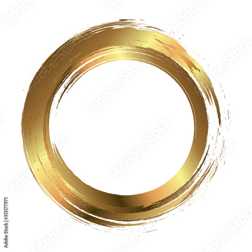 Circle gold frame painted with brush strokes on white background. Abstract vector design element. Gold concept. Vector illustration.