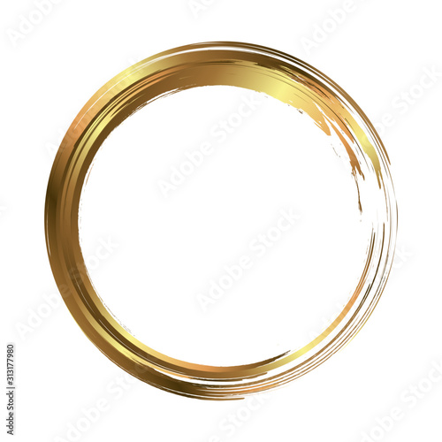 Circle gold frame painted with brush strokes on white background. Abstract vector design element. Gold concept. Vector illustration.