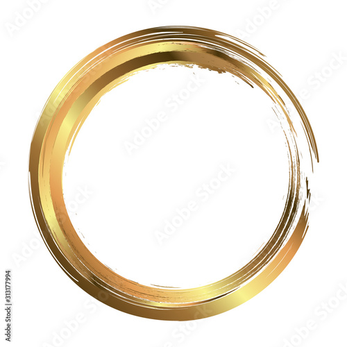 Circle gold frame painted with brush strokes on white background. Abstract vector design element. Gold concept. Vector illustration.